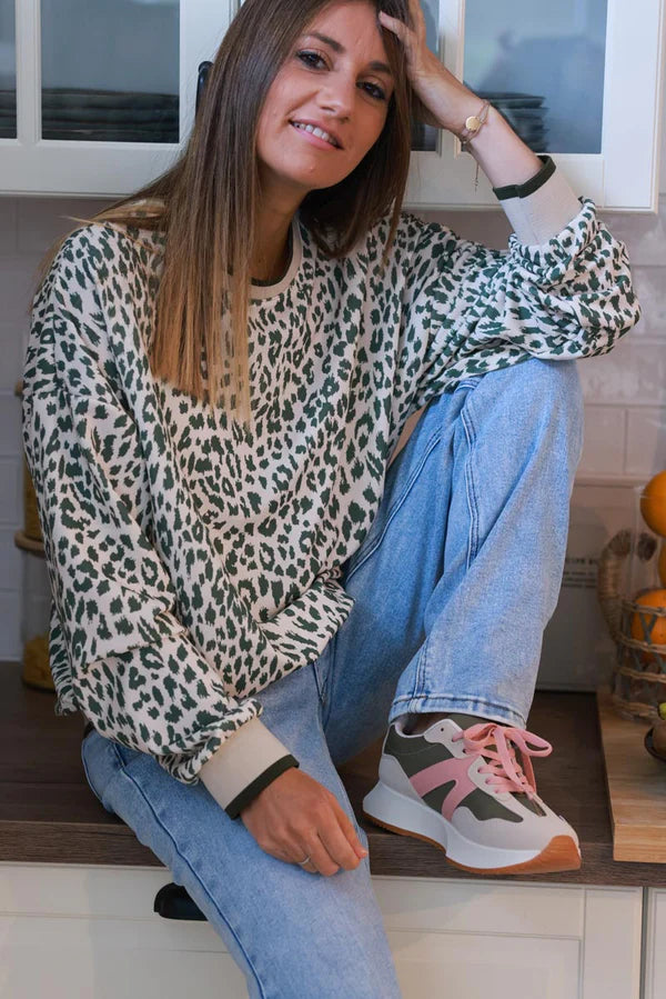 Cream and Olive Green Leopard Print Sweater