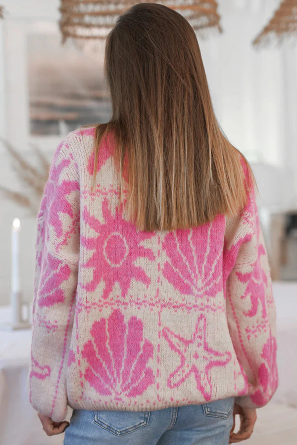 Cream and Pink Beach Motif Knit Sweater