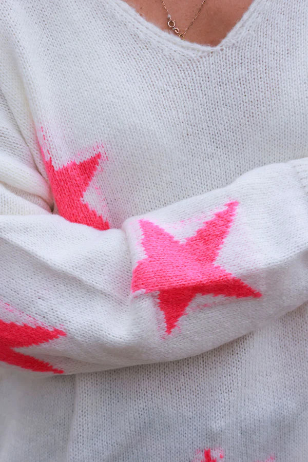 Cream and Pink Star V-Neck Sweater