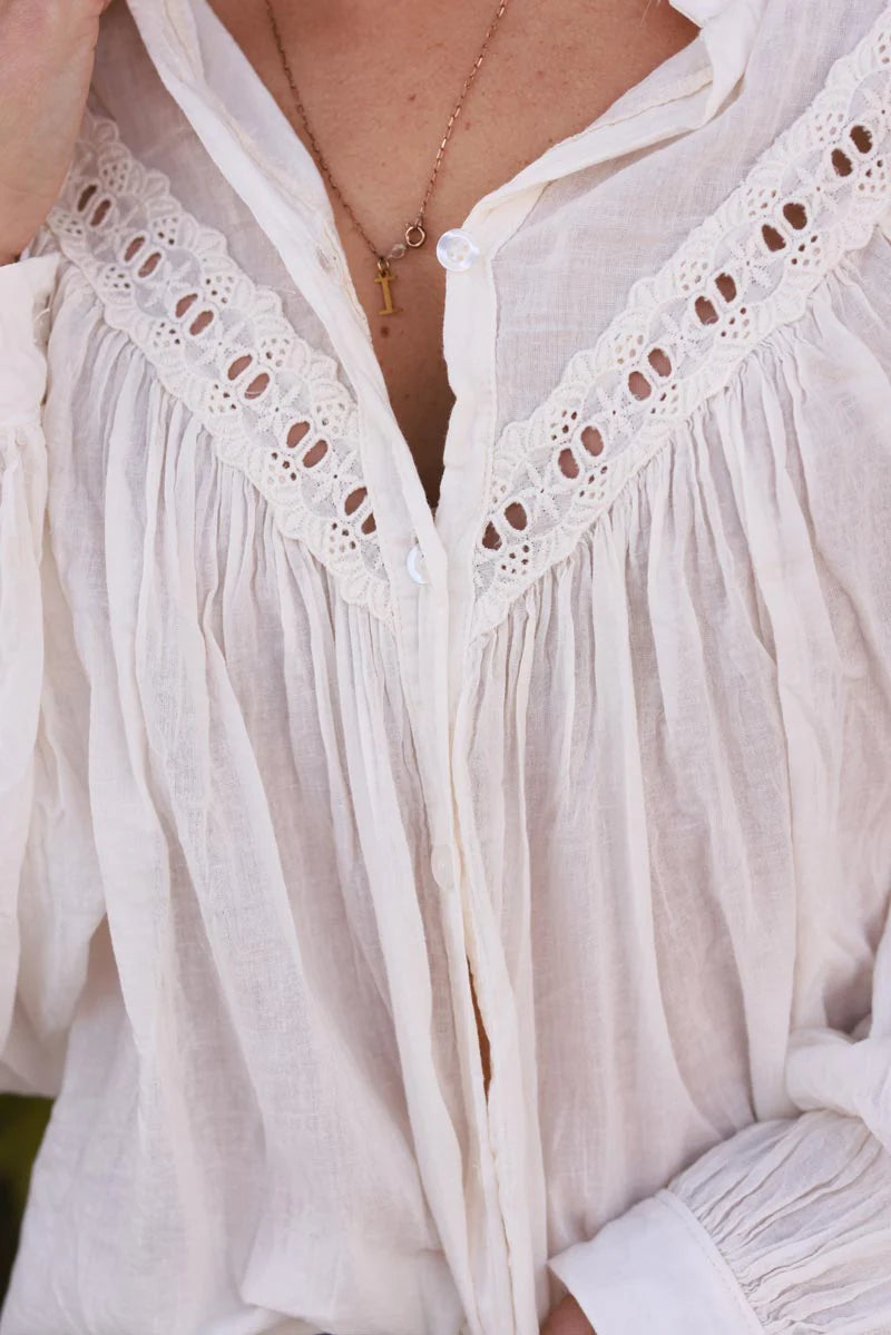 Cream Pleated Cotton Prairie Blouse