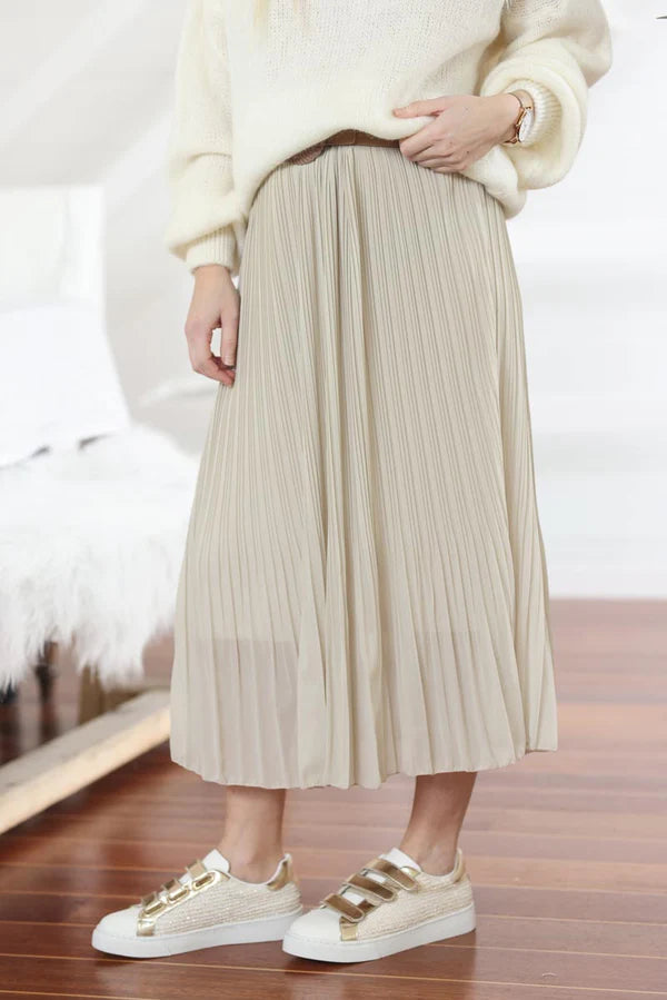 Cream pleated maxi skirt with elasticated glitter waistband