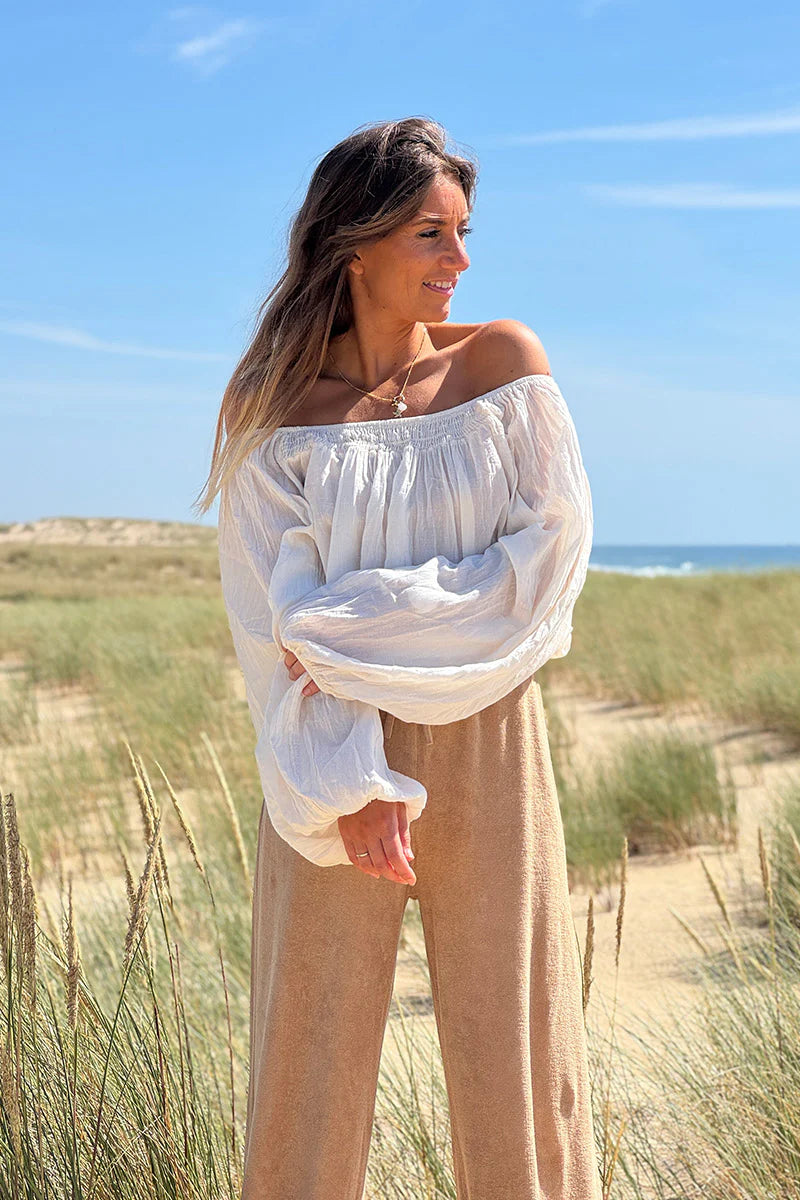 Cream Shirred Cotton Peasant Blouse