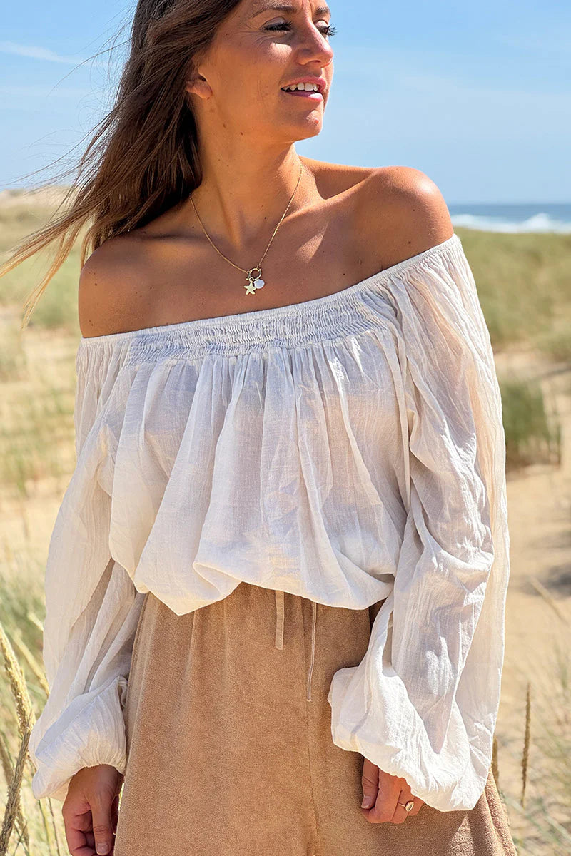 Cream Shirred Cotton Peasant Blouse