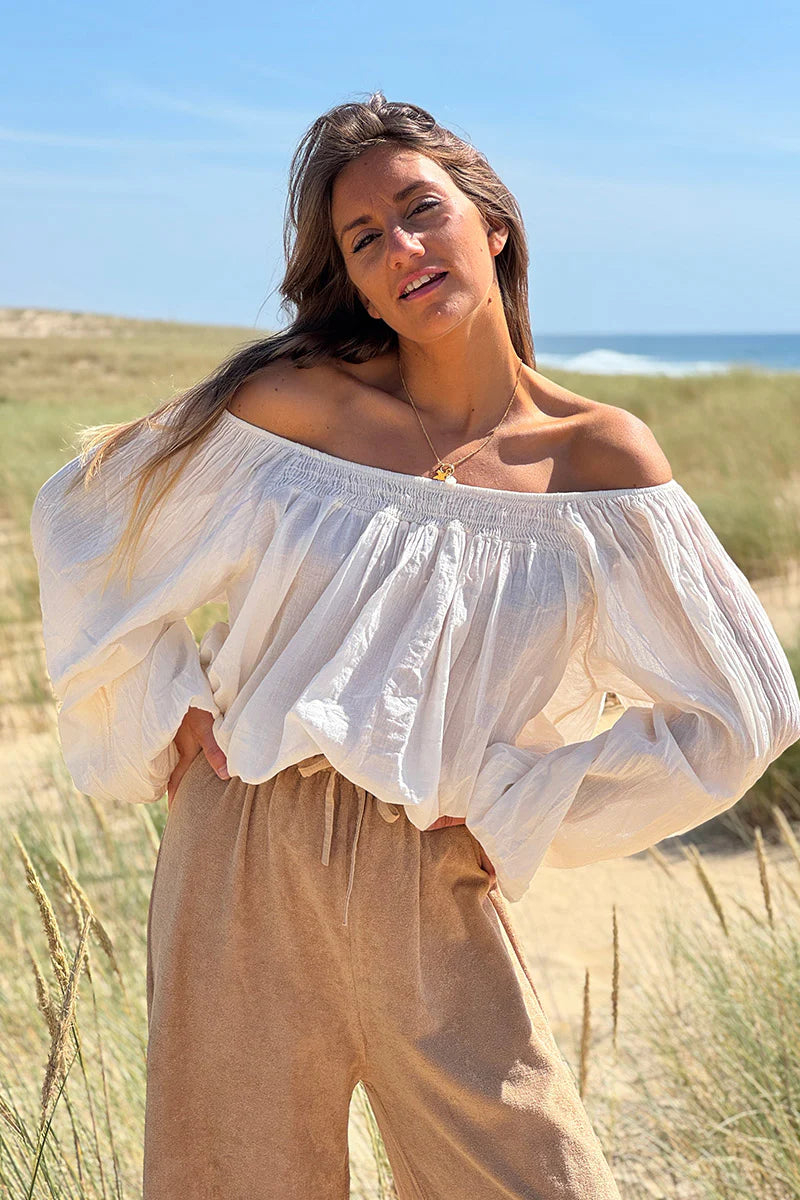 Cream Shirred Cotton Peasant Blouse