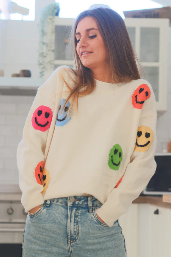 Cream Smiley Face Knit Sweater