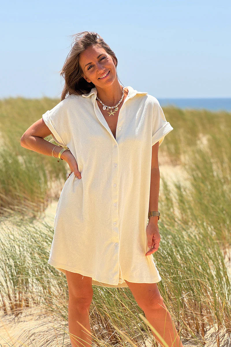 Cream Terry Cloth Button-Down Shirt Dress