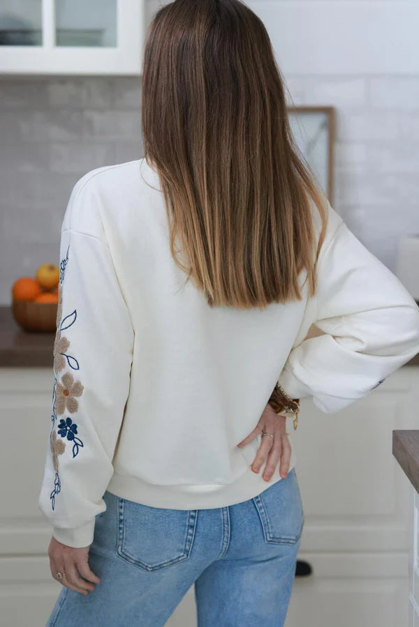 Cream Textured Daisy Sleeve Sweater