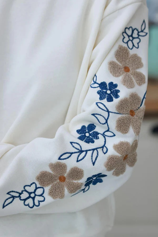 Cream Textured Daisy Sleeve Sweater