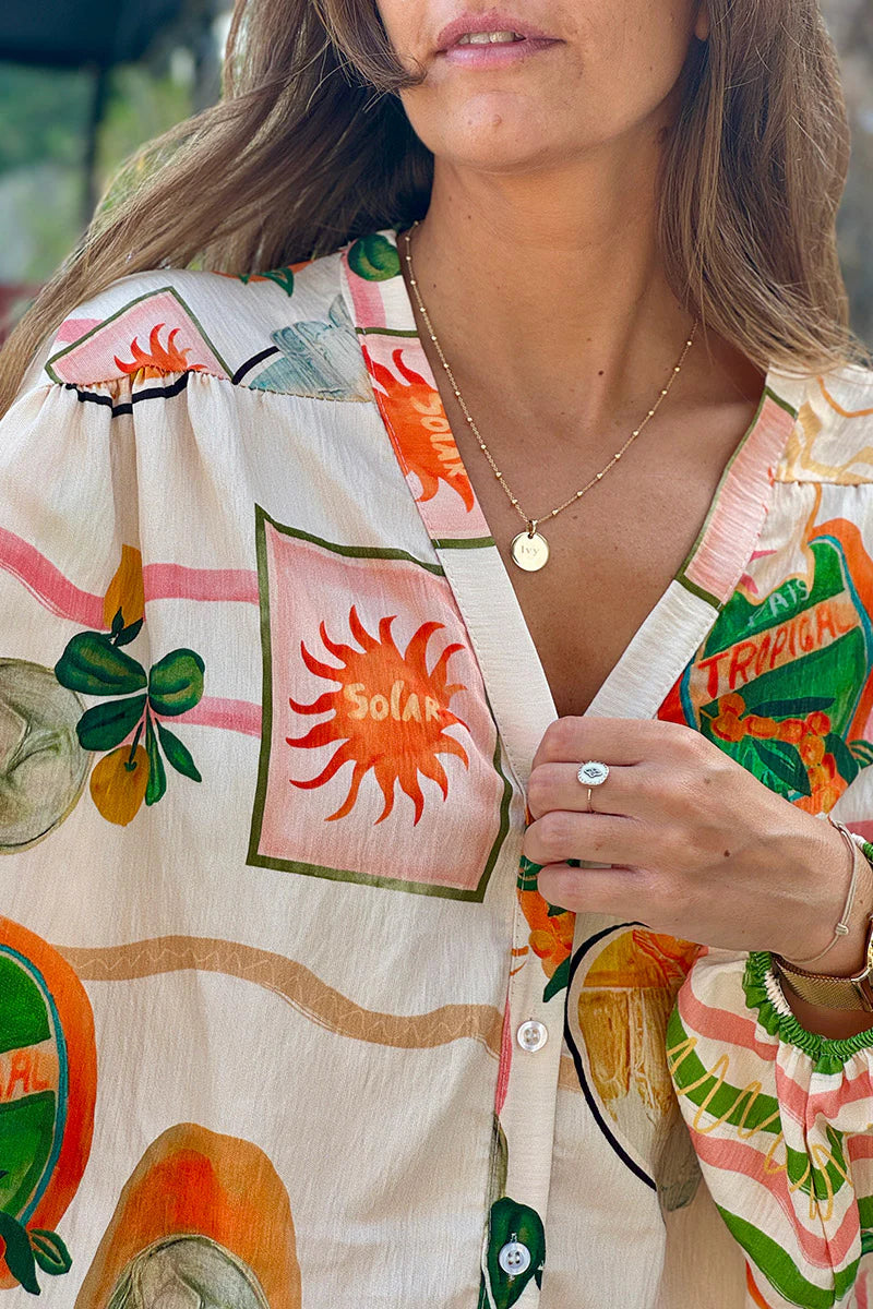 Cream Tropical Vintage Button-Down Blouse