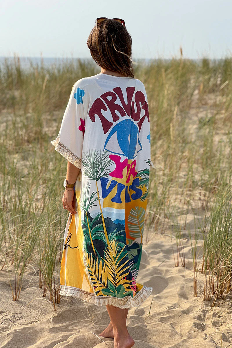 Cream “Trust Your Visions” Tropical Fringe Kimono
