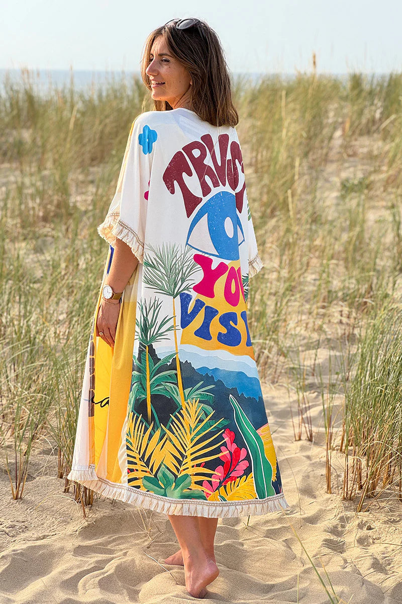Cream “Trust Your Visions” Tropical Fringe Kimono