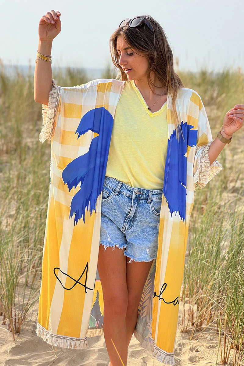 Cream “Trust Your Visions” Tropical Fringe Kimono