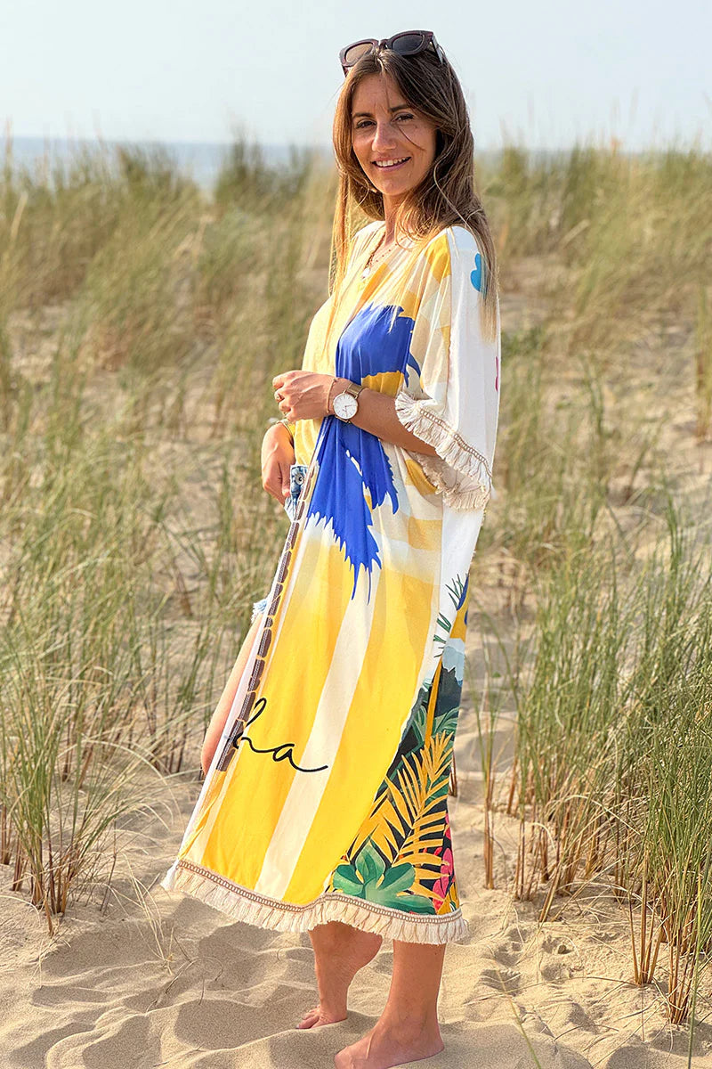 Cream “Trust Your Visions” Tropical Fringe Kimono