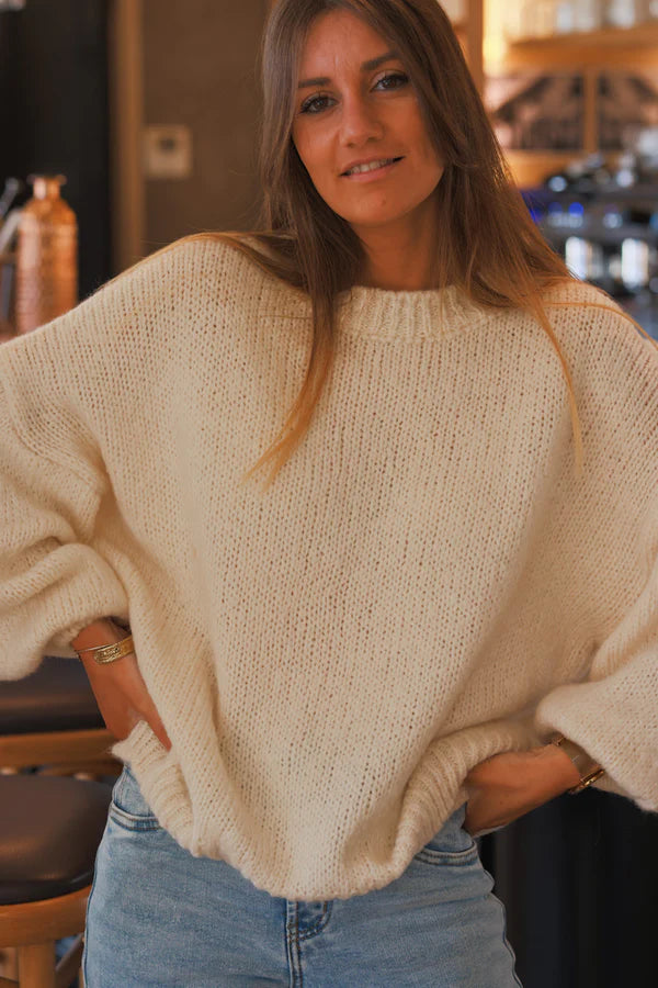 Cream Wool Blend Bubble Sleeve Sweater