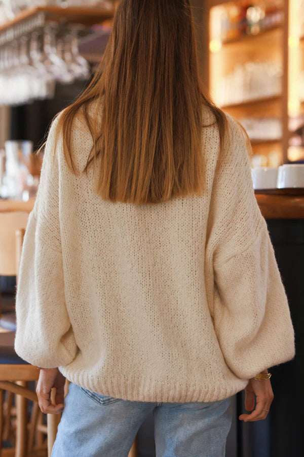 Cream Wool Blend Bubble Sleeve Sweater