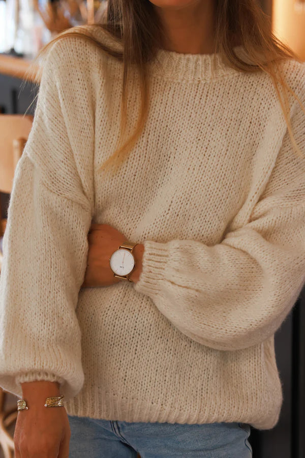 Cream Wool Blend Bubble Sleeve Sweater