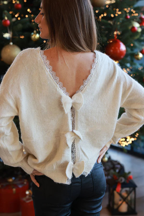 Cream Wool Blend Sweater with Bow Back Detail