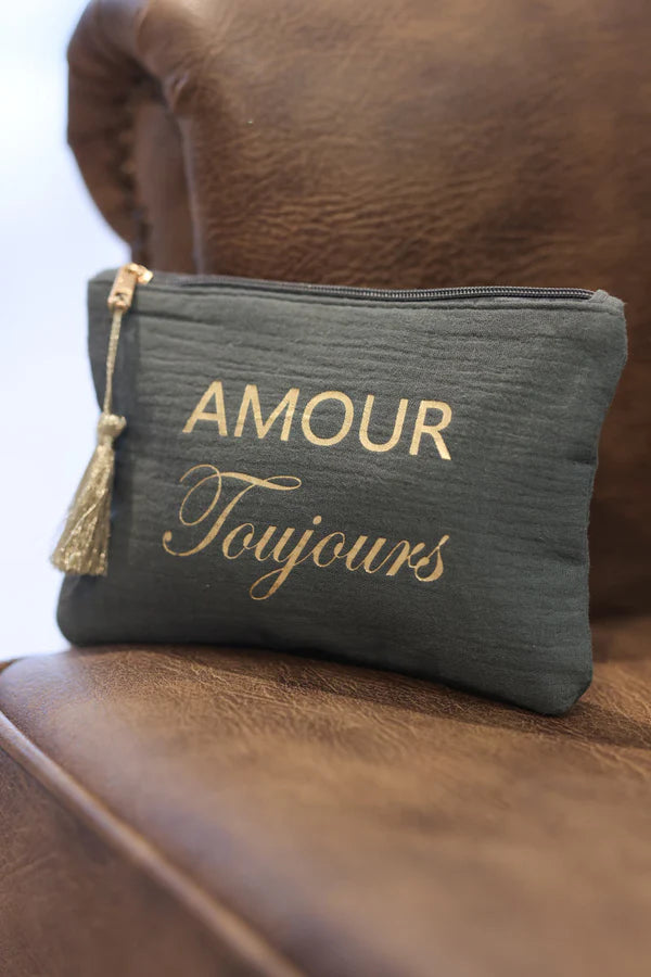 Crinkle cotton Olive pouch Bag 'Amour Toujours' in Gold