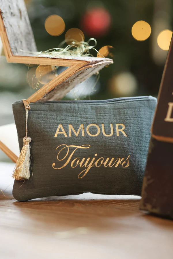 Crinkle cotton Olive pouch Bag 'Amour Toujours' in Gold