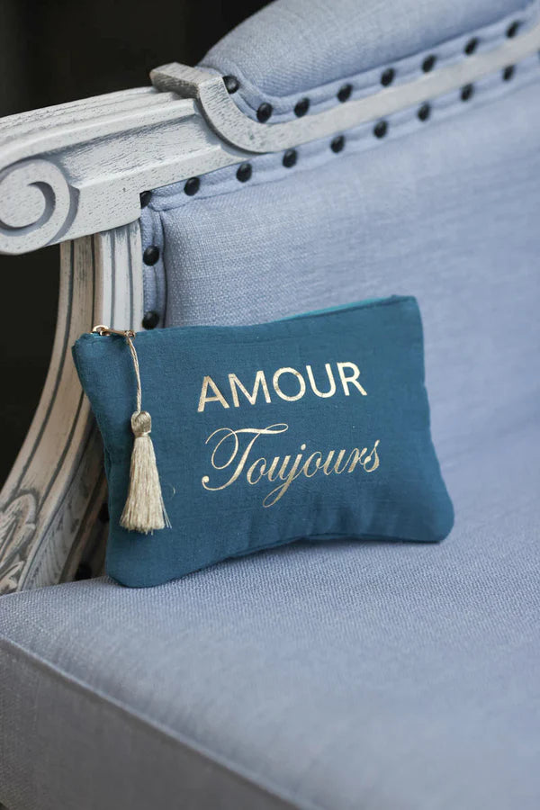 Crinkle Cotton Peacock Blue Pouch Bag 'Amour Toujours' in Gold