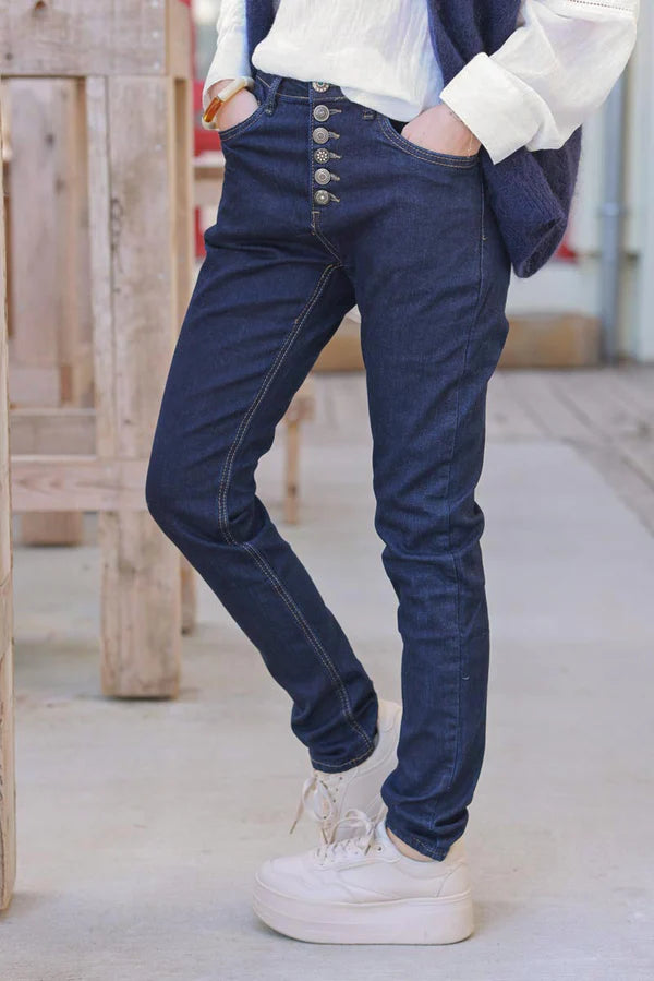 Dark Blue Jean Button-Fly Tapered Skinny Jeans