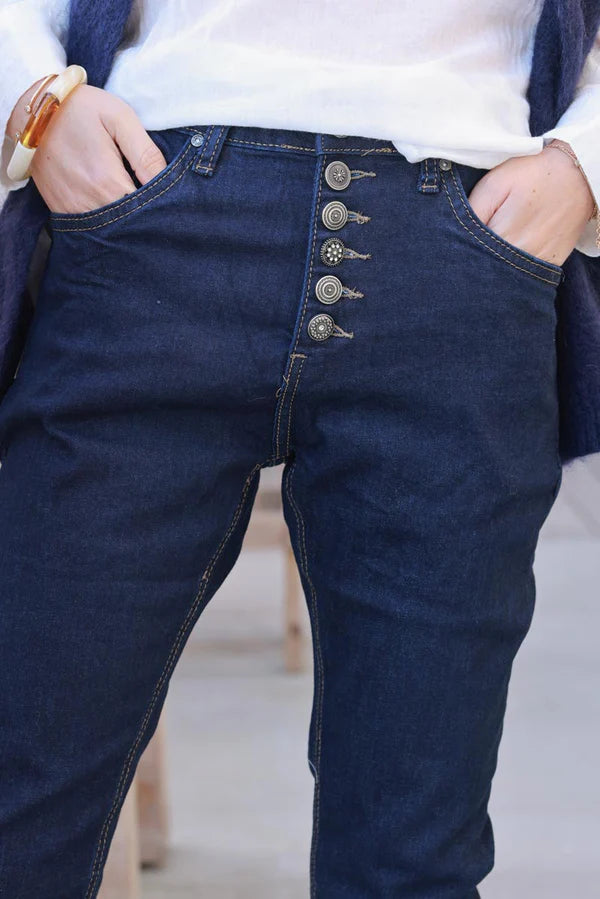 Dark Blue Jean Button-Fly Tapered Skinny Jeans