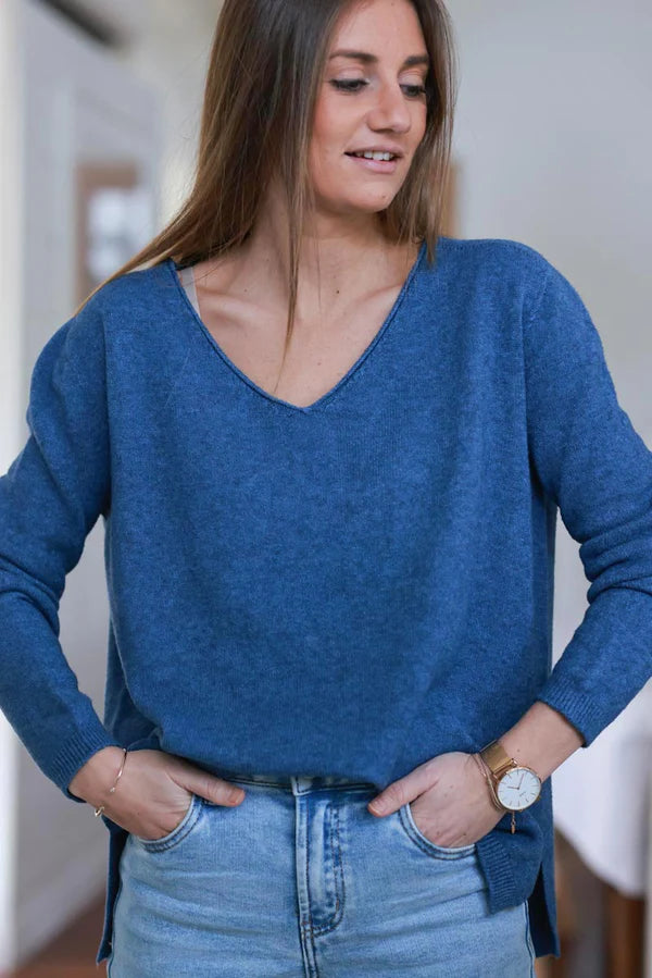 Dark Blue Soft Basic V-neck Sweater