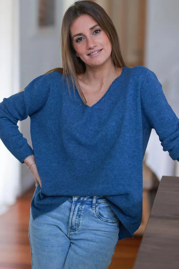 Dark Blue Soft Basic V-neck Sweater