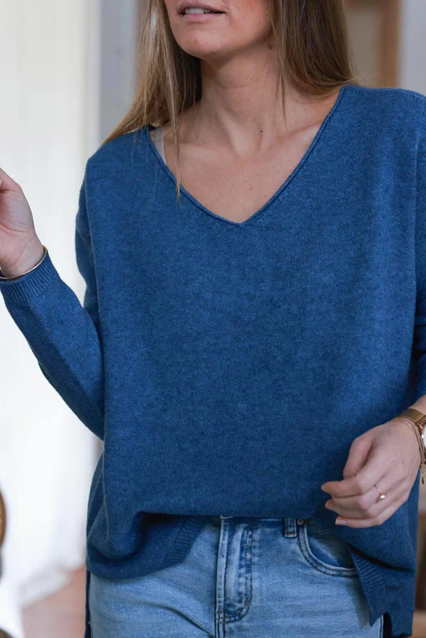 Dark Blue Soft Basic V-neck Sweater