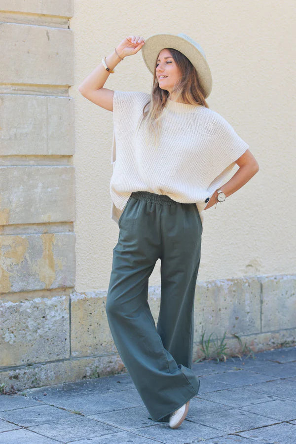 Dark Olive stretch cotton wide leg flared sweatpants