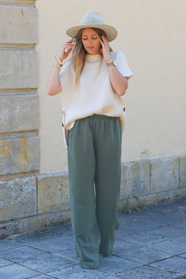 Dark Olive stretch cotton wide leg flared sweatpants