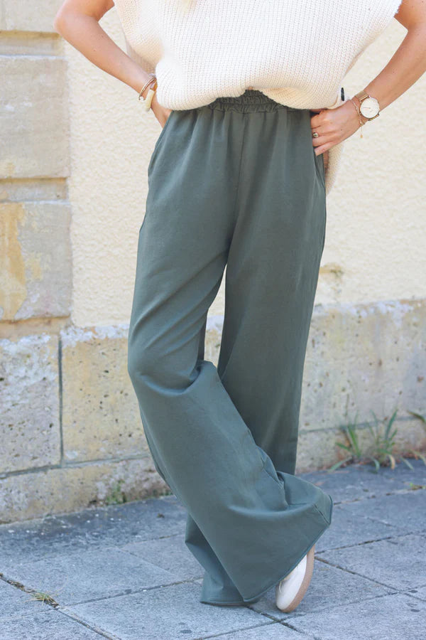 Dark Olive stretch cotton wide leg flared sweatpants