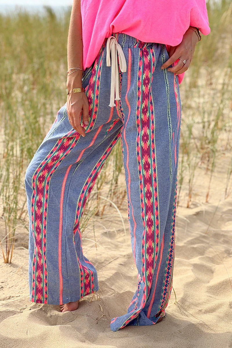 Denim Blue Tribal Stripe Boho Pants