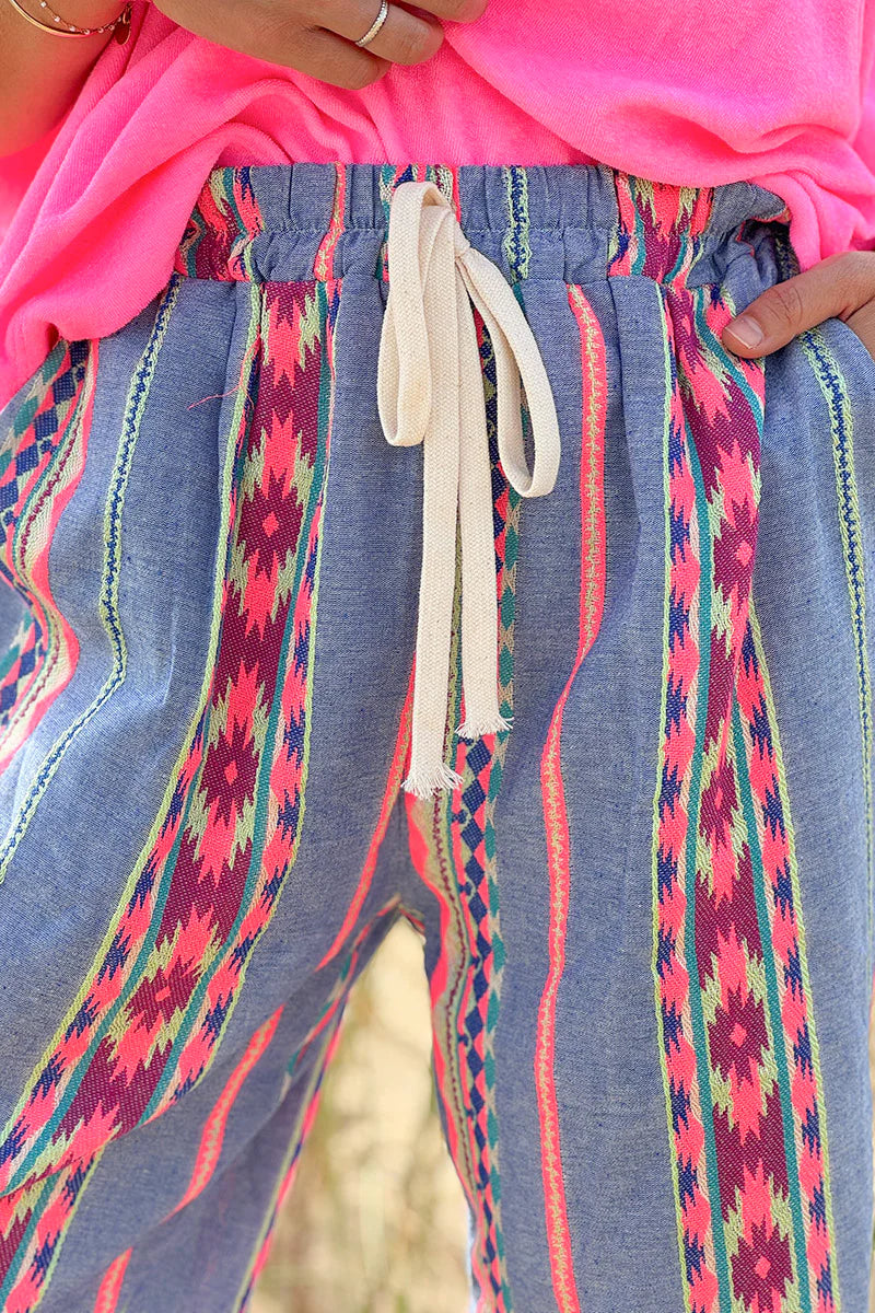 Denim Blue Tribal Stripe Boho Pants