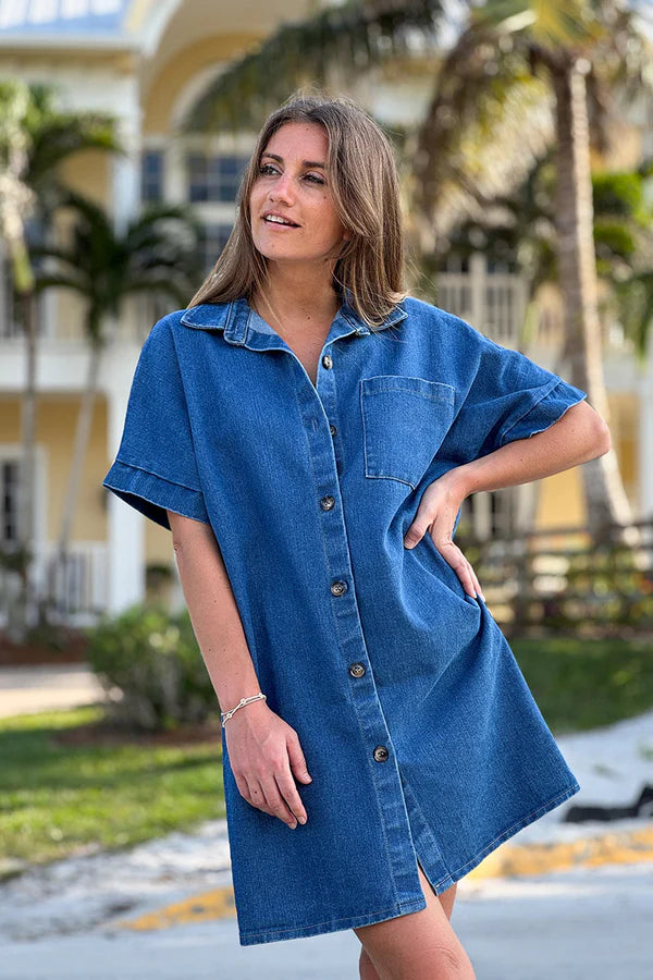 Denim Short-Sleeve Shirt Dress