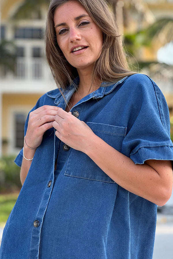 Denim Short-Sleeve Shirt Dress