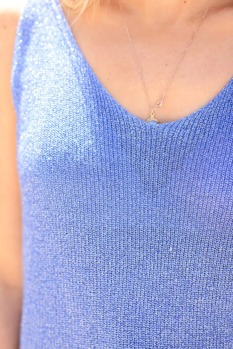 Dusty blue fine knit lurex tank top