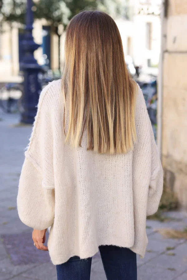 Cream Chunky Knit Sweater Oversized and Funnel Neck