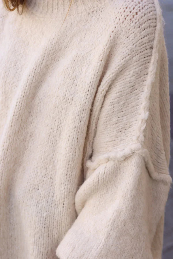 Cream Chunky Knit Sweater Oversized and Funnel Neck