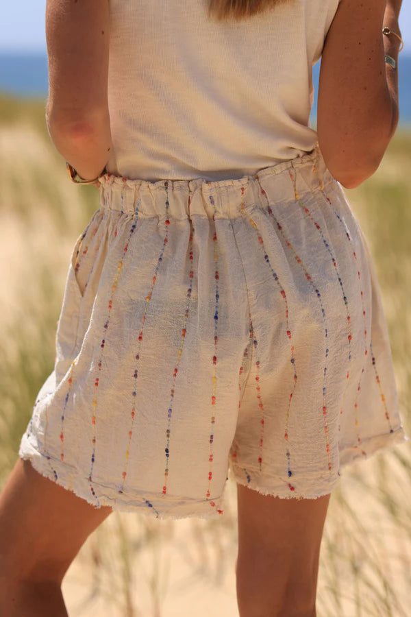 Cream floaty cotton and linen shorts with colored threads