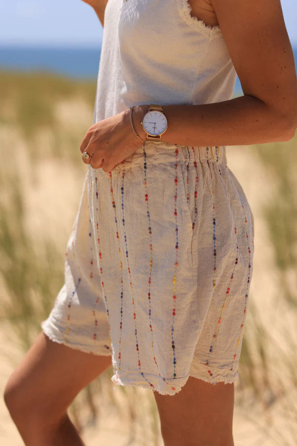 Cream floaty cotton and linen shorts with colored threads