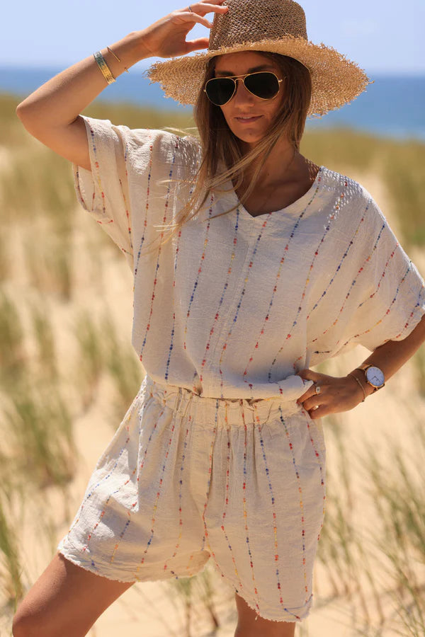 Cream floaty cotton and linen shorts with colored threads