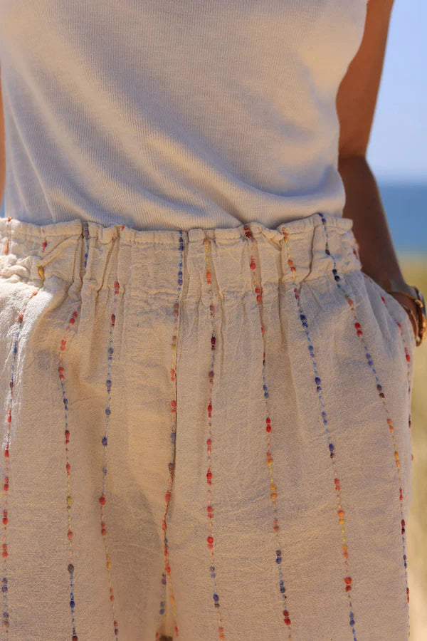Cream floaty cotton and linen shorts with colored threads