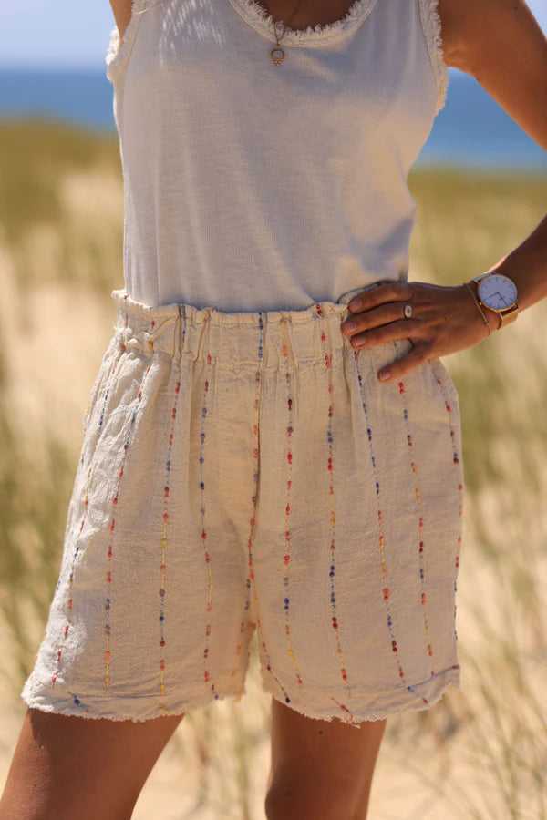 Cream floaty cotton and linen shorts with colored threads