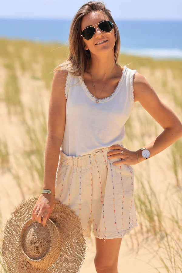 Cream floaty cotton and linen shorts with colored threads
