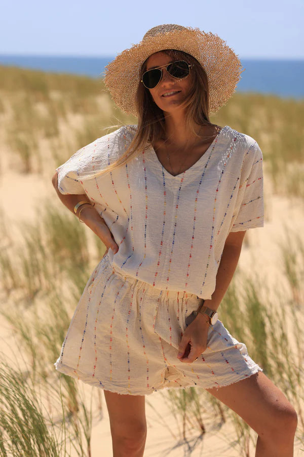 Cream floaty cotton and linen shorts with colored threads