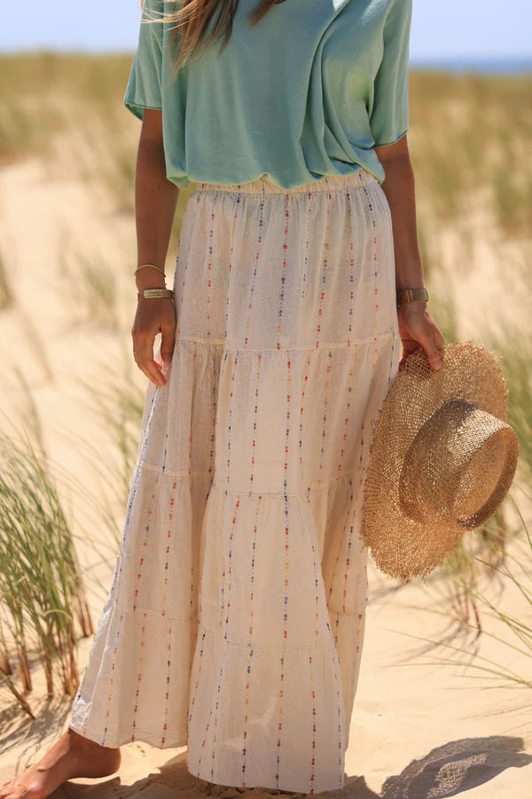 Ecru cotton and linen skirt with colored threads