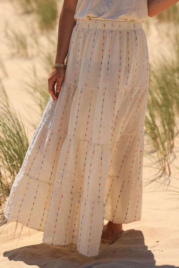 Ecru cotton and linen skirt with colored threads