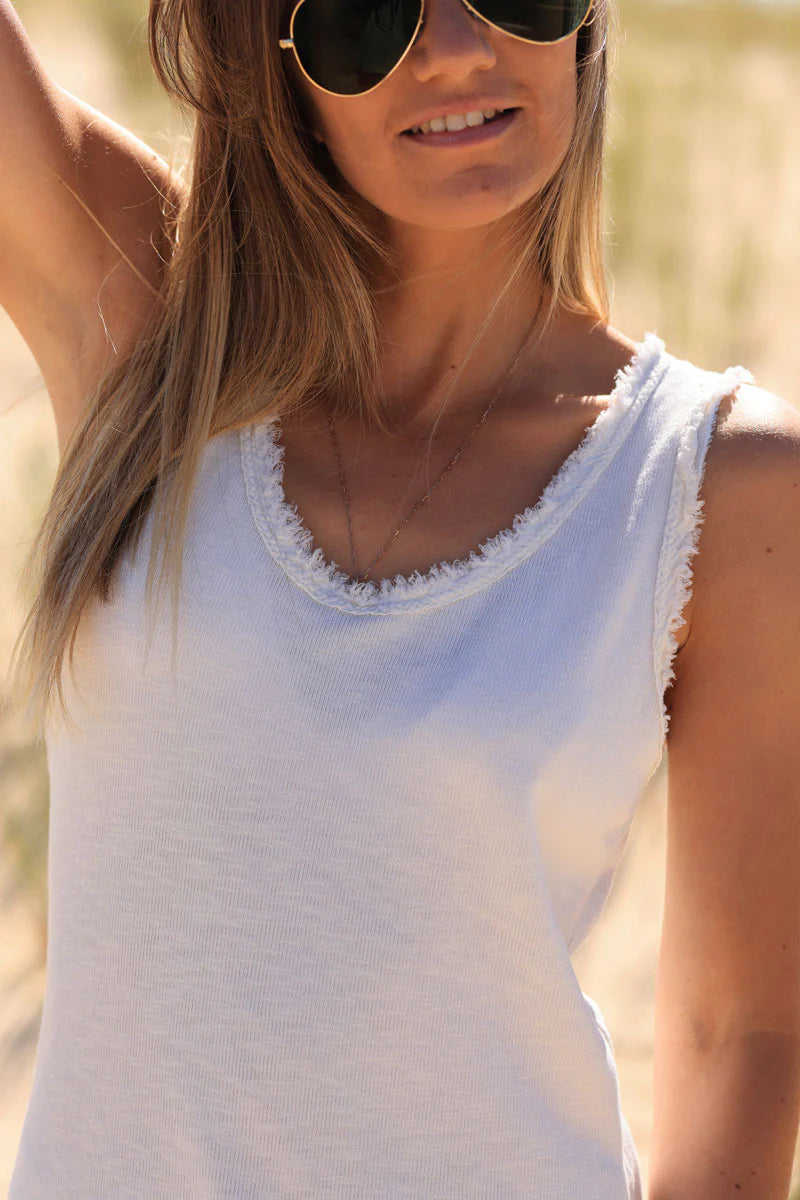 Ecru cotton tank top with fringes