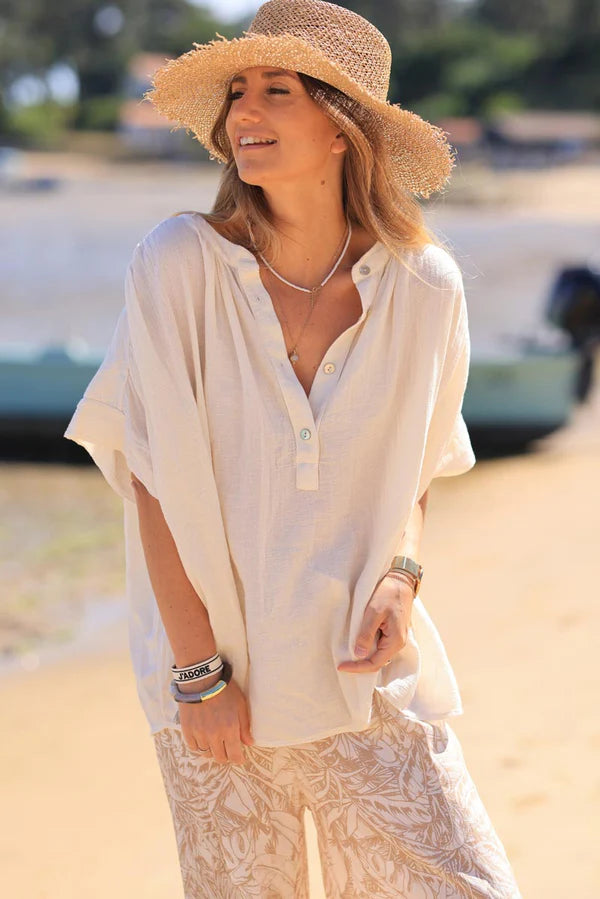 Ecru floaty oversized blouse with mother of pearl buttons